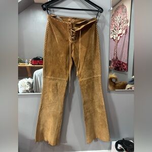 Tan Lace-Up Leather Women's Pants